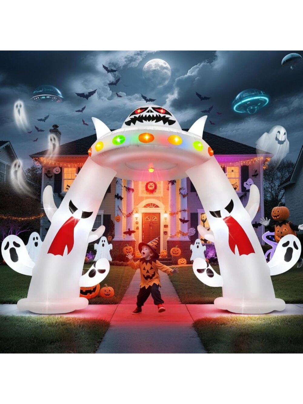 11 ft Halloween Inflatable Archway with Ghosts & UFO - Light-Up Yard Decor